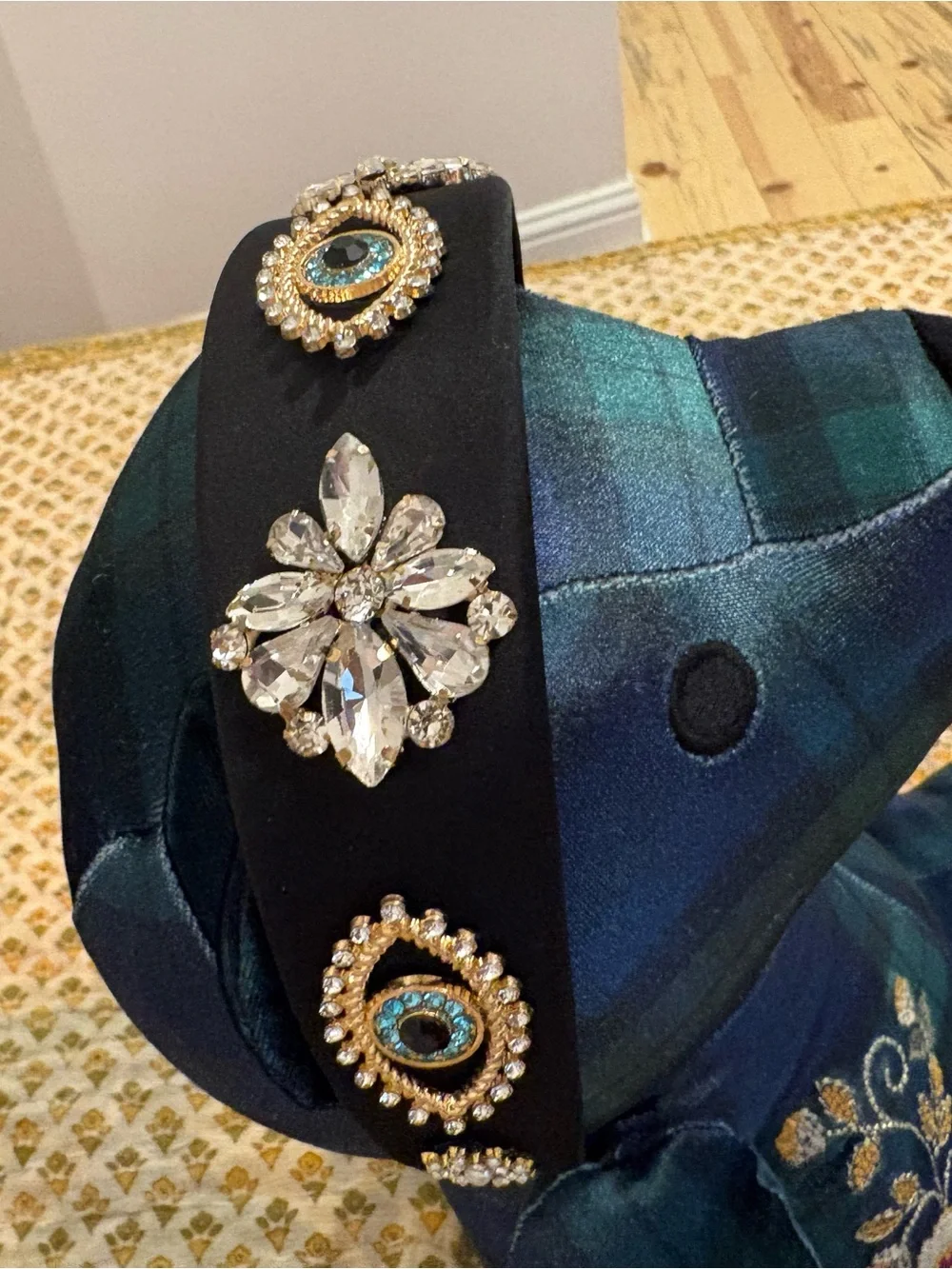 NWOT Boutique Embellished Black Satin Headband with Crystal Evil Eye Accent